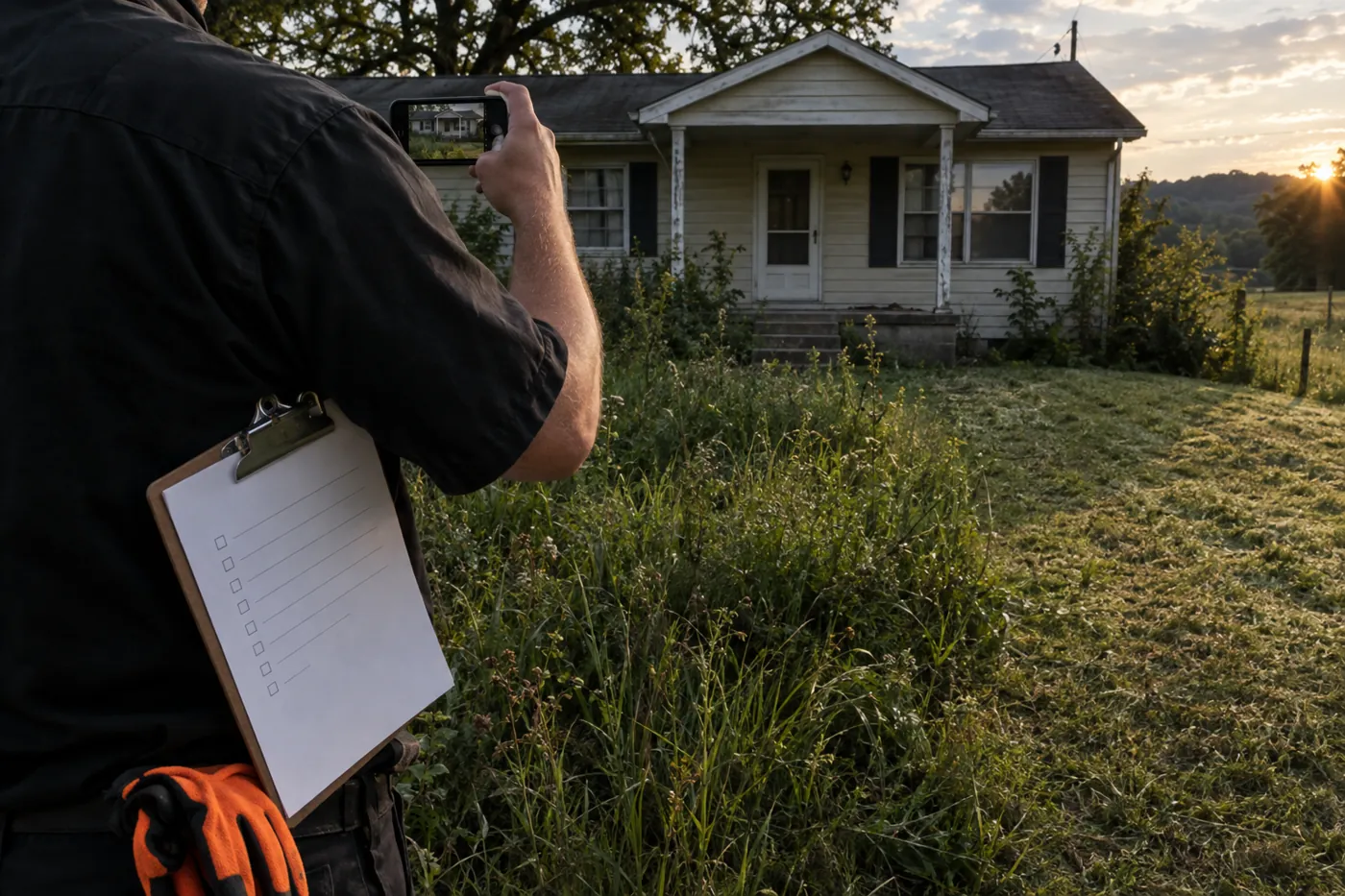 Photographing the porch of an empty rental house during a property check