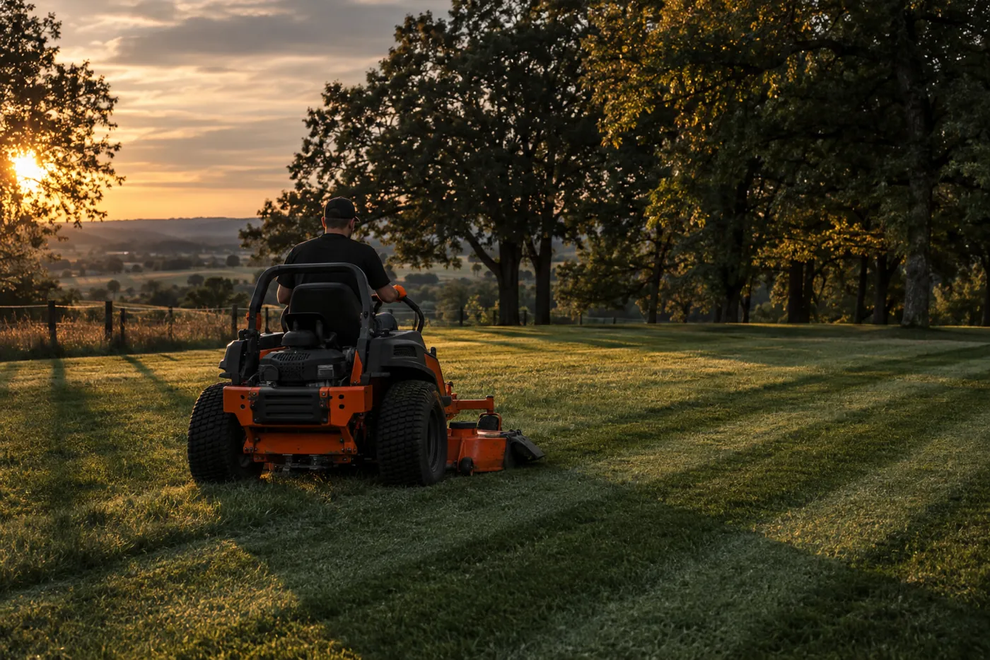 Orange zero-turn mower striping a large rural lawn at golden hour