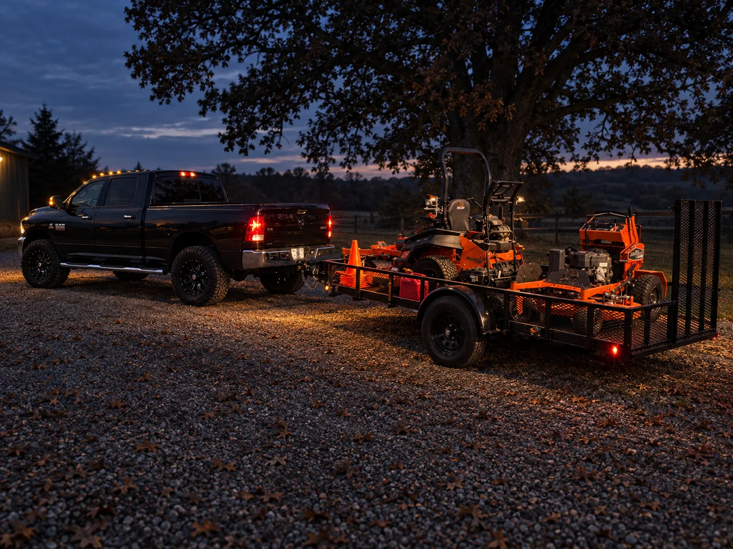 The Fikes Property Maintenance truck and trailer loaded with orange Bad Boy mowers at dusk